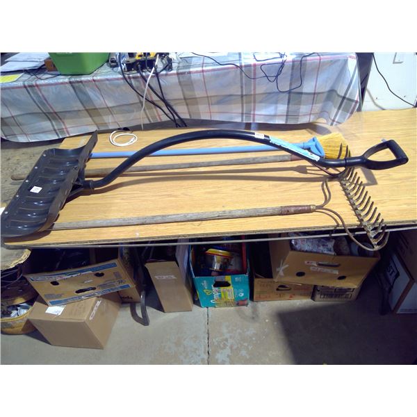 Broom, weeder, shovel and rake