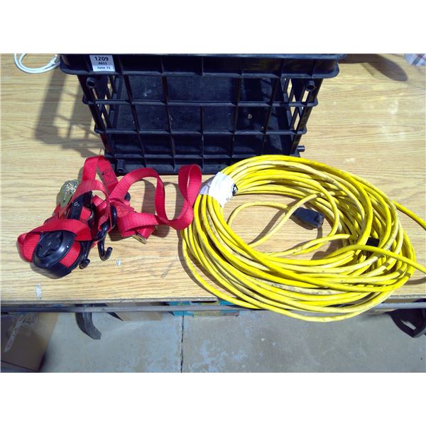 Bucket with extension cord and two ratchet straps