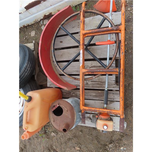 assorted pallet of whipper snipper , wheel , gas cans , tractor ladder