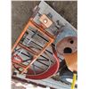 Image 4 : assorted pallet of whipper snipper , wheel , gas cans , tractor ladder