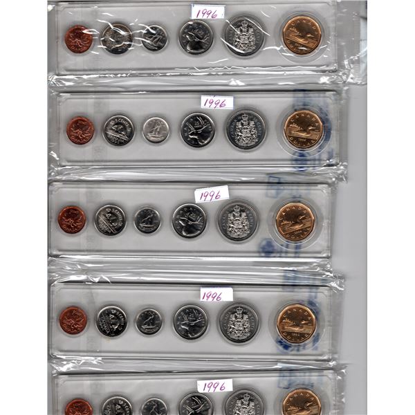 Five 1996 Uncirculated Six Coin Sets Loonie, Fifty Cent Piece, Quarter, Dime, Nickel, Penny