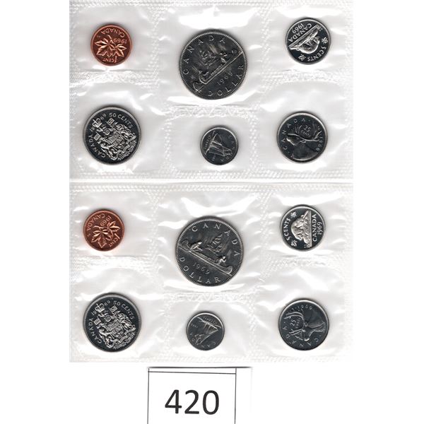 Two Sets 1969 Six Coins Silver Dollar, Fifty Cent Piece, Quarter, Dime, Nickel, Penny