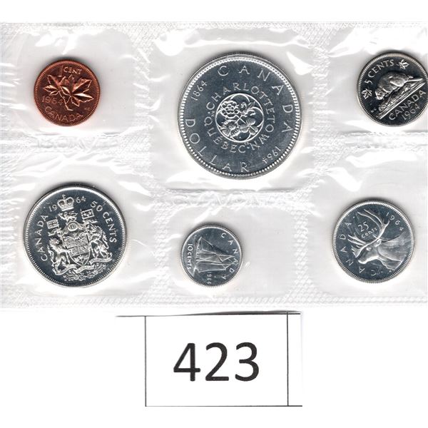 1964 Uncirculated Six Coins Silver Dollar, Fifty Cent Piece, Quarter, Dime, Nickel, Penny