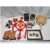 Image 1 : Collection of Decorative items - Painted oriental eggs, Korean masks, Infant booties, wooden wagon, 