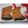 Image 3 : Collection of Decorative items - Painted oriental eggs, Korean masks, Infant booties, wooden wagon, 