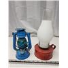 Image 1 : Small blue lantern, w/ blue glass globe & tin oil lamp, w/ chimney