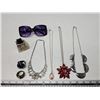 Image 1 : Assorted costume jewelry & sunglasses, cowbell