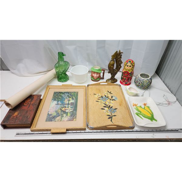 Large collection of Treasures - 2 Posters, serving trays, eagle bottle, figurines, party-lite, etc.
