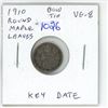 Image 1 : 1910 Round Maple Leaves with Bow Tie Canadian Silver 5 Cents. Key Date. VG-8.