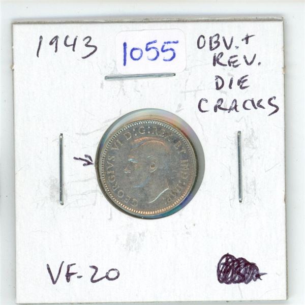 1943 Canadian Silver 10 Cents with Obverse & Reverse Die Cracks. VF-20.