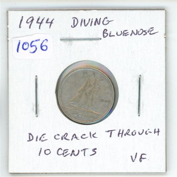 1944 Diving Bluenose Canadian Silver 10 Cents. Rotated Dies plus Die Crack through 10 CENTS. VF-20. 