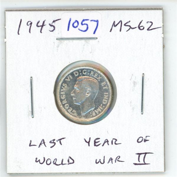 1945 Canadian Silver 10 Cents. Minted during the last year of World War II. MS-62.