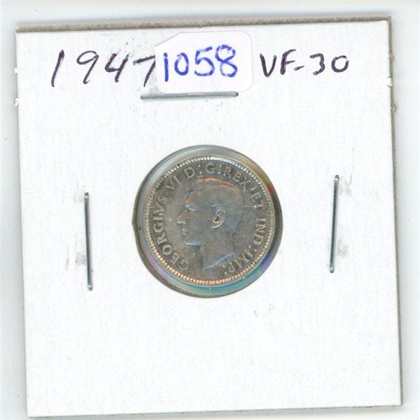1947 Canadian Silver 10 Cents. VF-30.