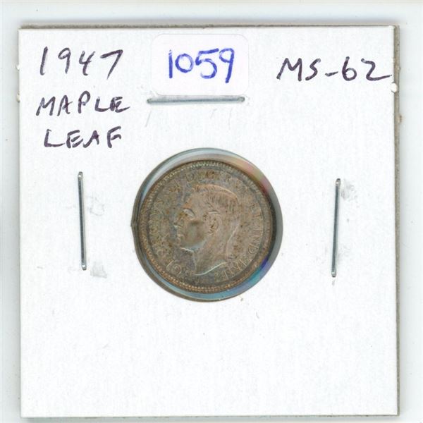 1947 Maple Leaf Canadian Silver 10 Cents. Minted in 1948. MS-62. Toned.