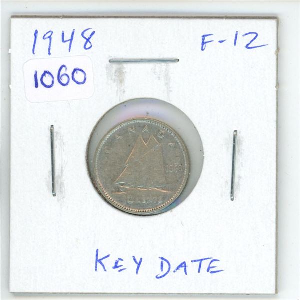 1948 Canadian Silver 10 Cents. Key Date. F-12.