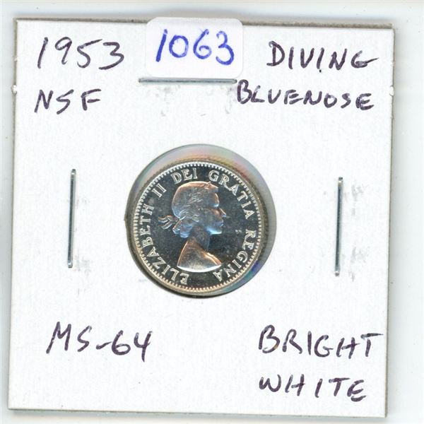 1953 No Shoulder Fold Diving Bluenose Canadian Silver 10 Cents. MS-64. Bright White.