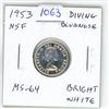Image 1 : 1953 No Shoulder Fold Diving Bluenose Canadian Silver 10 Cents. MS-64. Bright White.