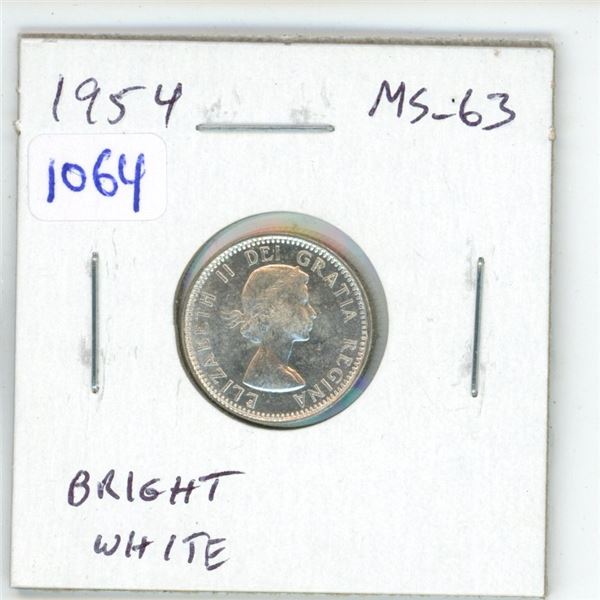 1954 Canadian Silver 10 Cents. MS-63. Bright White.