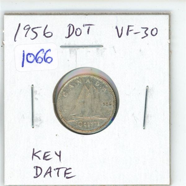 1956 Dot Canadian Silver 10 Cents. Key Date. VF-30.