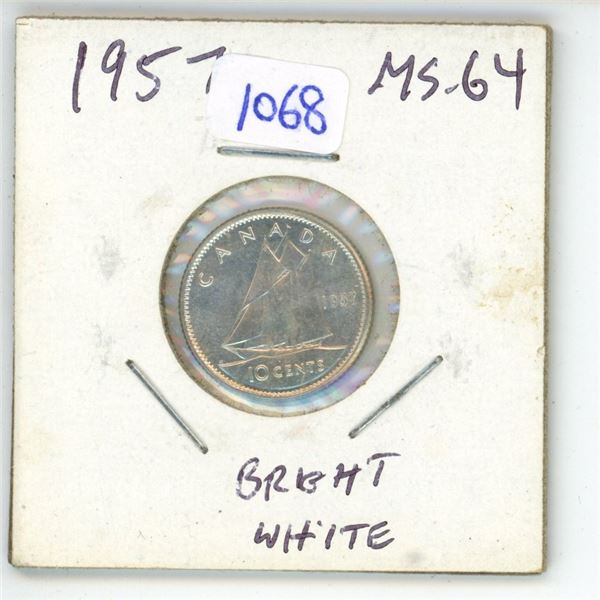 1957 Canadian Silver 10 Cents. MS-64. Bright White.