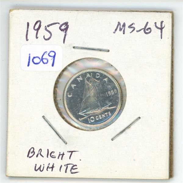 1959 Canadian Silver 10 Cents. MS-64. Bright White.