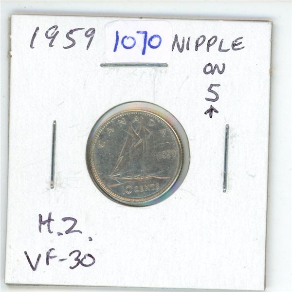1959 Nipple on 5 Canadian Silver 10 Cents. Hans Zoell variety. VF-30.
