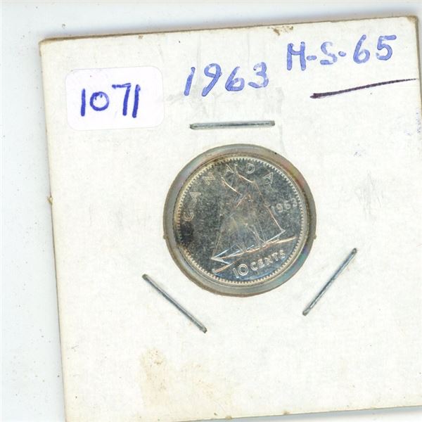 1963 Canadian Silver 10 Cents. MS-65. High Grade.