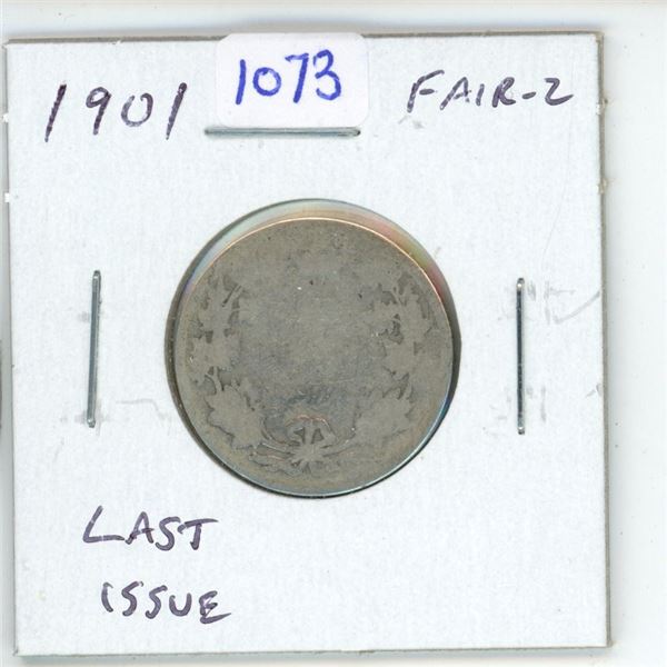 1901 Canadian Victorian Silver 25 Cents. Last issue of Queen Victoria. Fair-2.
