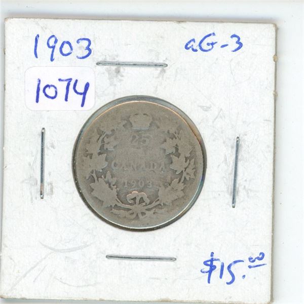 1903 Canadian Silver 25 Cents. aG-3.