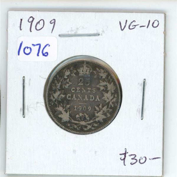 1909 Canadian Silver 25 Cents. VG-10.