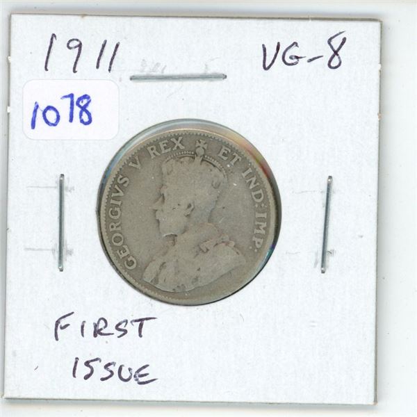 1911 Canadian Silver 25 Cents. The first issue of new King George V. VG-8.