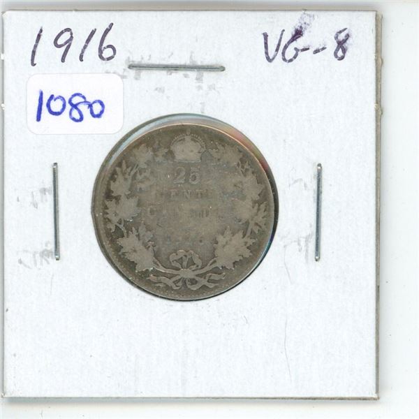 1916 Canadian Silver 25 Cents. Minted during World War I. VG-8.