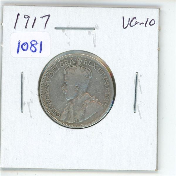1917 Canadian Silver 25 Cents. Minted during World War I. VG-10.