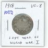 Image 1 : 1918 Canadian Silver 25 Cents. Minted during the last year of World War I. VG-8.