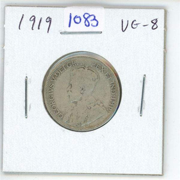 1919 Canadian Silver 25 Cents. VG-8.