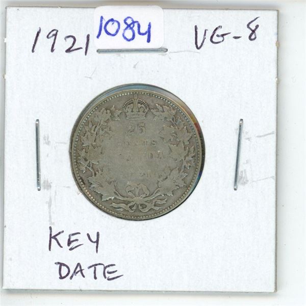 1921 Canadian Silver 25 Cents. Key Date. Mintage of 597,337. VG-8.