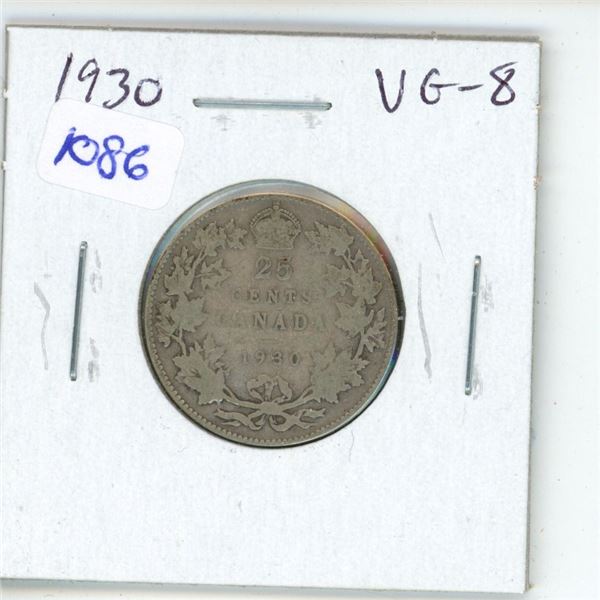 1930 Canadian Silver 25 Cents. VG-8.