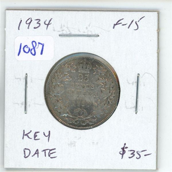 1934 Canadian Silver 25 Cents. Key Date. Mintage of 384,350. F-15.