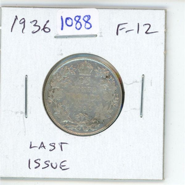 1936 Canadian Silver 25 Cents. Last issue of King George V. F-12.