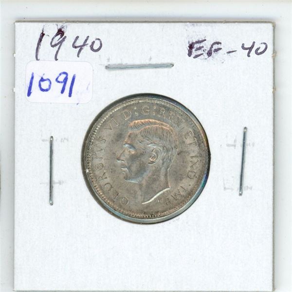 1940 Canadian Silver 25 Cents. Minted during World War II. EF-40.