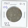 Image 1 : 1907 Canadian Silver 50 Cents. Key Date. Mintage of 300,000. G-4.