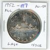Image 1 : 1952 No Water Lines Canadian Silver Dollar. Last issue of King George VI. AU-50. Toned.