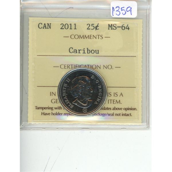 2011 ICCS graded, Canadian 25 cent coin - MS64 Caribou