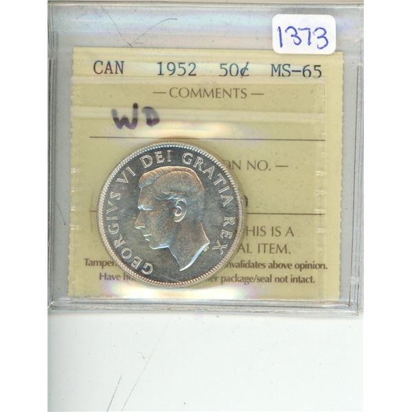 1952 ICCS graded, Canadian 50 cent coin - MS65 WD