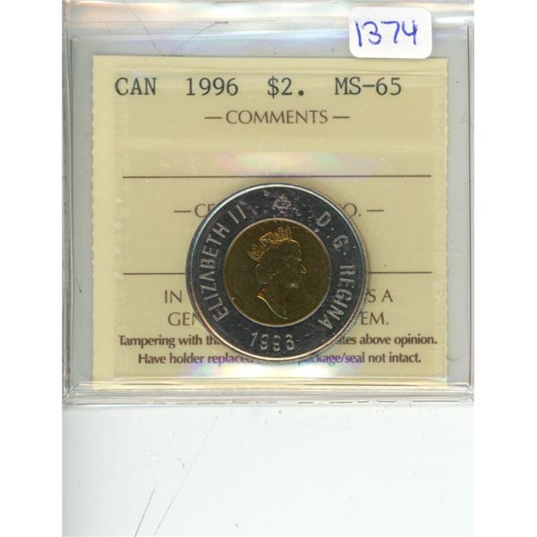 1996 ICCS graded, Canadian 2 dollar coin - MS65