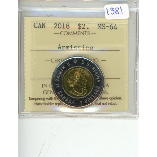 2018 ICCS graded, Canadian 2 dollar coin - MS64 Armistice; Colour