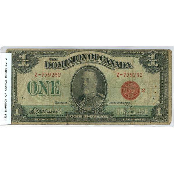 1923 DC-25g one dollar McCavour- Saunders Red Seal, group 2, Series W to Z, Z-779252, VG