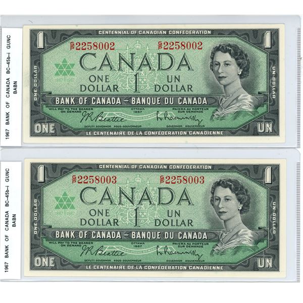 TWO Consecutive 1967 BC-45b-i One dollar Beattie- Rasminsky BABN G/P 2258002-003 CUNC