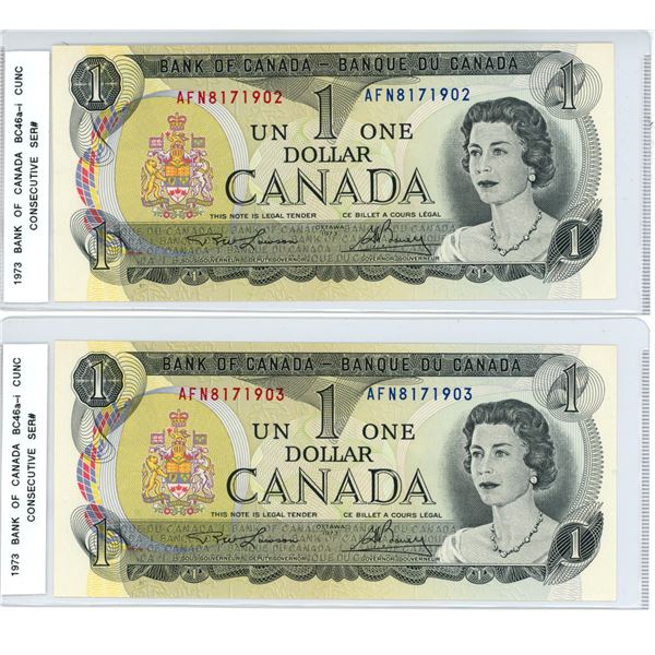 TWO Consecutive 1973 BC-46a-i One dollar Lawson-Bouey AFN8171902-903 CUNC