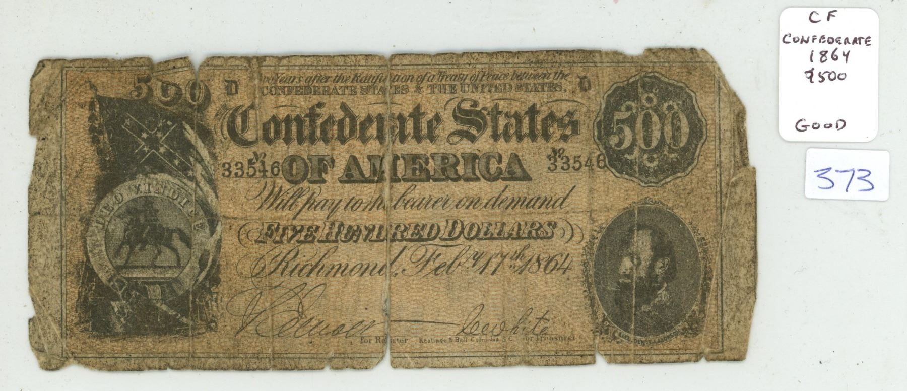 1864 Confederate states 500 dollar bill Schmalz Auctions